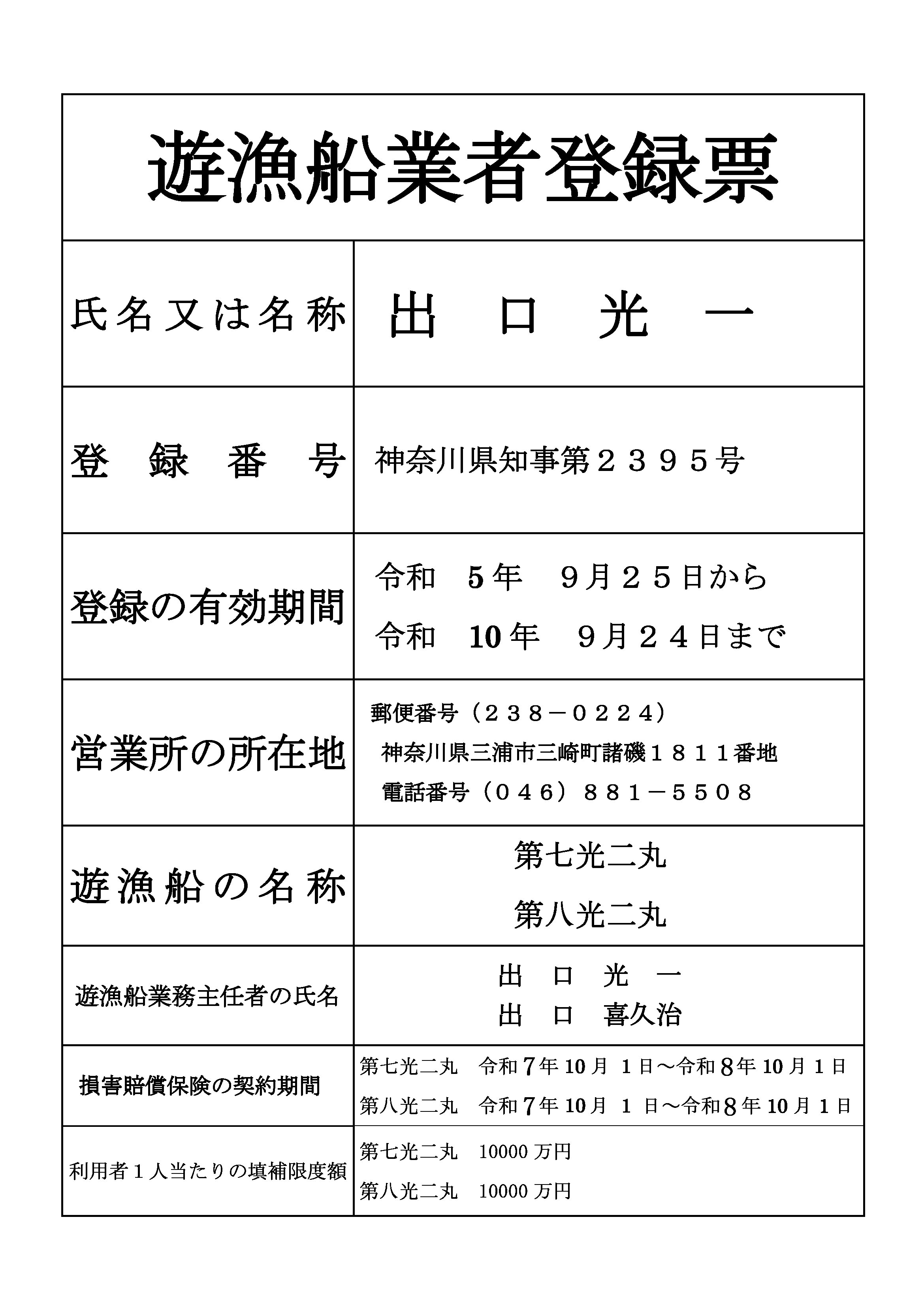 遊漁船業者登録票