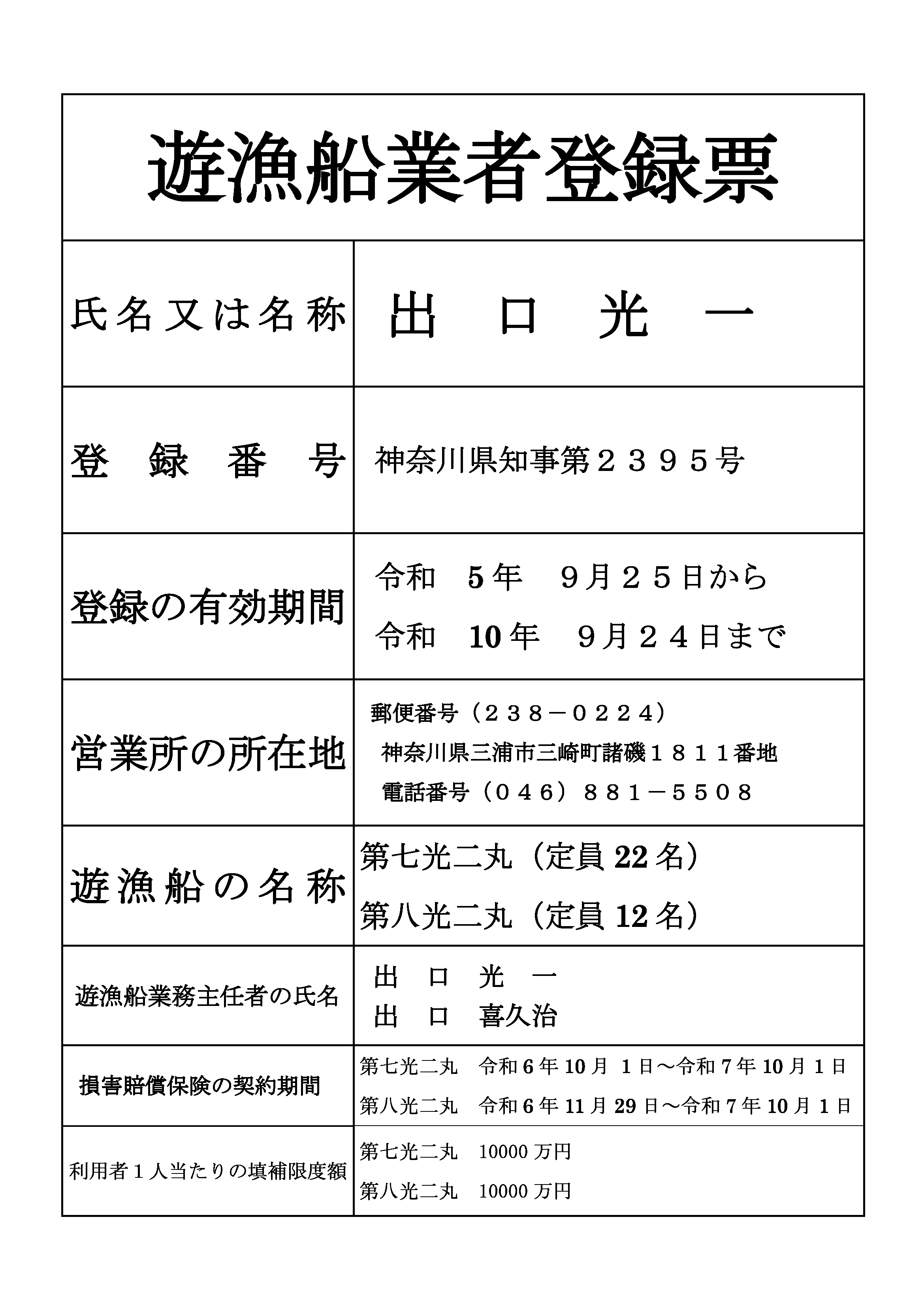 遊漁船業者登録票